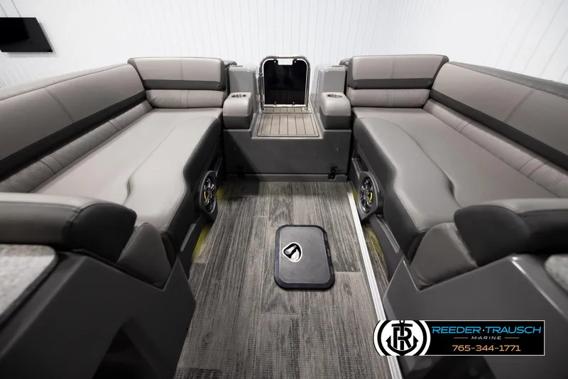 Slide: The Image of Interior of 2022 Avalon Waketoon boat with spacious seating and modern design. - 8