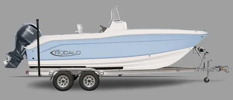 Slide: The Image of 2025 Robalo R202 EX boat on trailer with Yamaha outboard motor. - 1