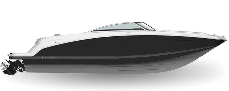 Slide: The Image of 2025 Four Winns HD 8 Sterndrive boat, sleek black and white design, side view. - 1