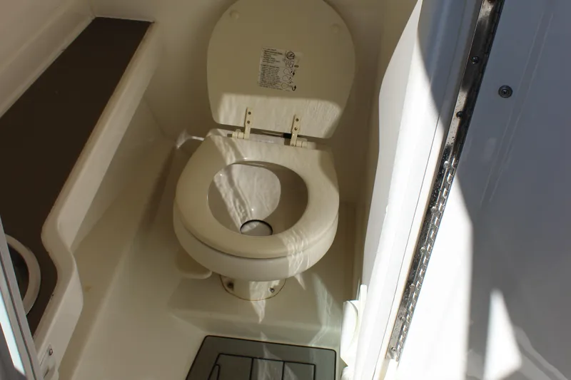 Slide: The Image of 2016 Sea Ray 250 SLX boat interior toilet view. - 22