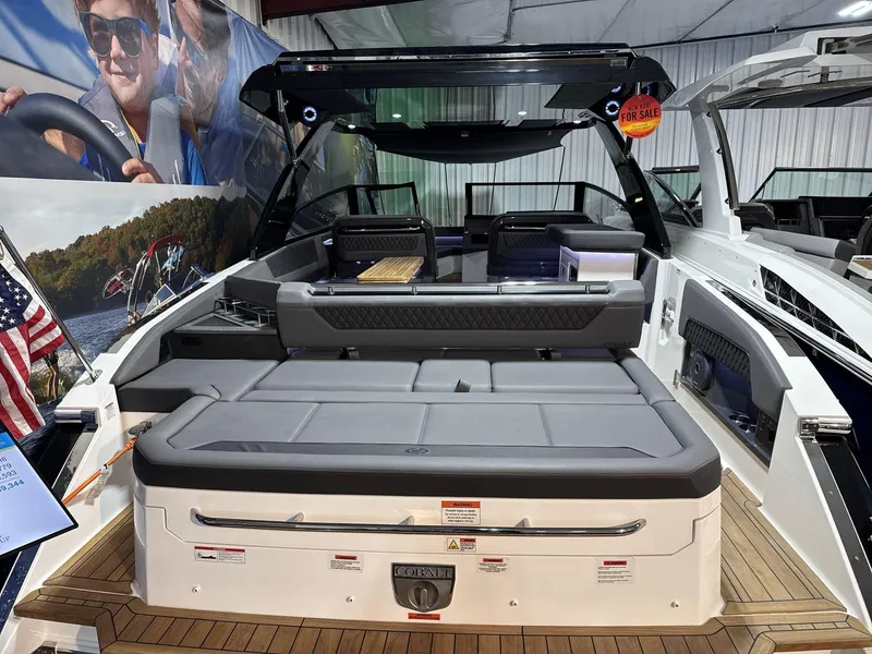 Slide: The Image of 2025 Cobalt R35 boat interior with luxurious seating and modern design. - 3