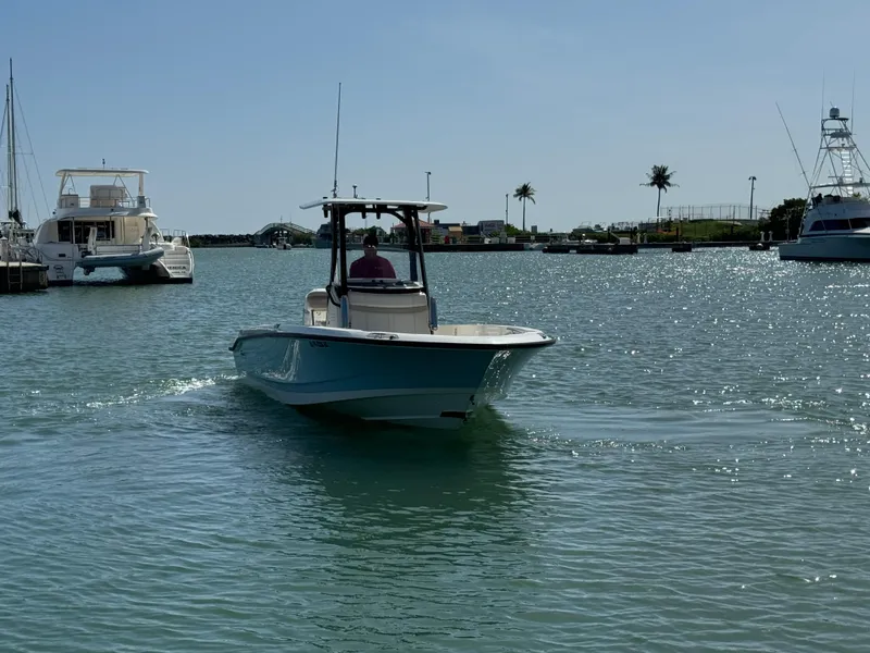 Slide: The Image of 2022 Boston Whaler 250 Dauntless boat cruising in a sunny marina. - 3