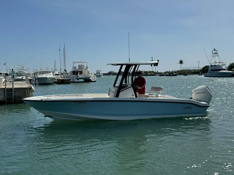 Slide: The Image of 2022 Boston Whaler 250 Dauntless boat docked in a marina under clear skies. - 7