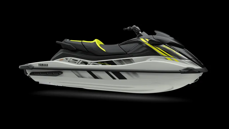 Slide: The Image of 2025 Yamaha WaveRunner GP HO jet ski, sleek design, black and yellow accents. - 1