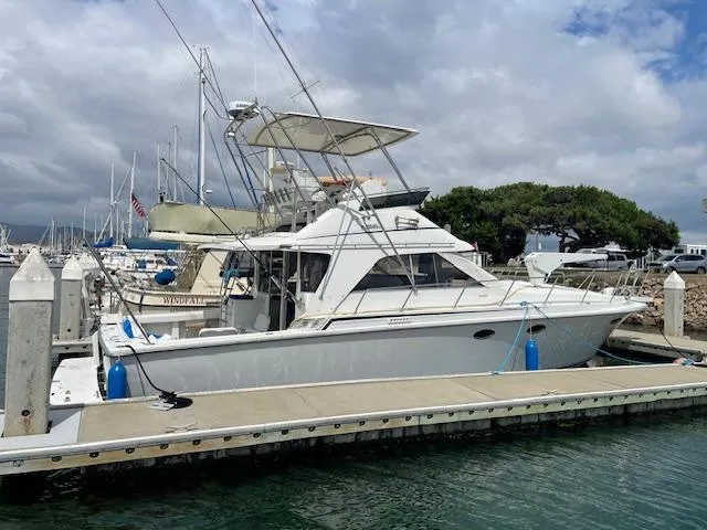Slide: The Image of 1990 Trojan 40 Sport Fisherman 3208 Cat Diesel docked at marina under cloudy sky. - 18