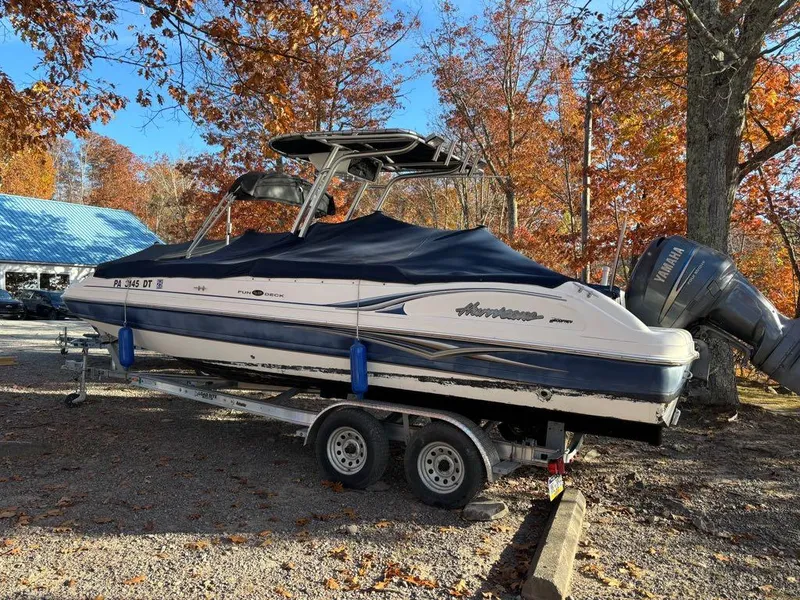 Slide: The Image of 2007 Hurricane Fun Deck GS 231 boat on trailer, autumn background. - 20