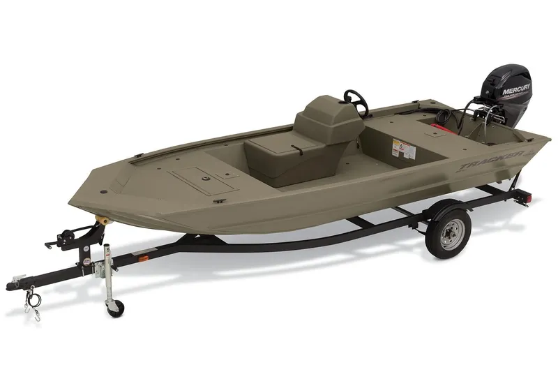 Slide: The Image of 2025 Tracker Grizzly 1648 SC boat on trailer, featuring a Mercury outboard motor. - 10