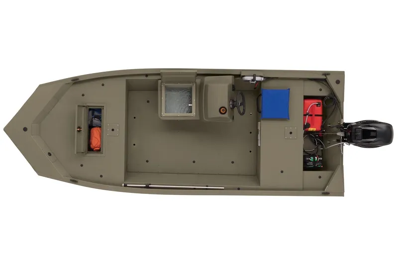 Slide: The Image of 2025 Tracker Grizzly 1648 SC boat, top view, showcasing spacious layout and storage compartments. - 8
