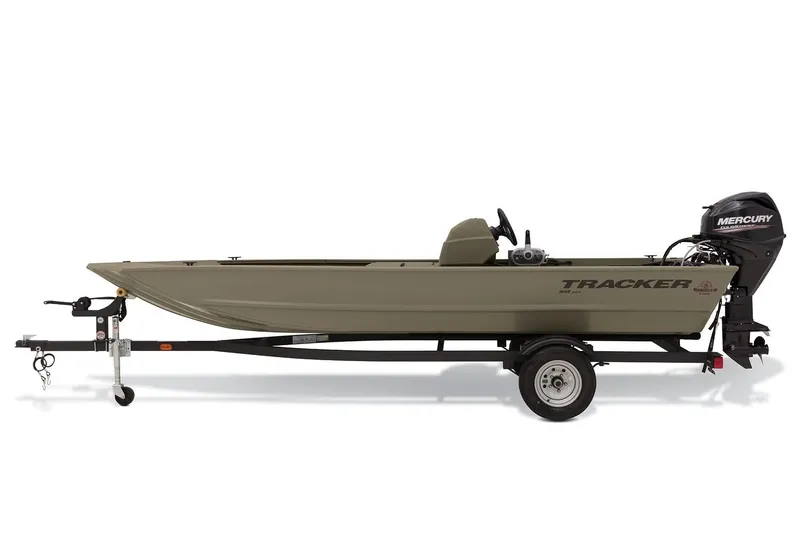 Slide: The Image of 2025 Tracker Grizzly 1648 SC boat on trailer with Mercury outboard motor. - 9