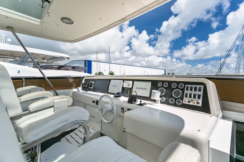 Slide: The Image of Lazzara 76 yacht helm, 1994 model, featuring modern navigation equipment and luxurious seating. - 11