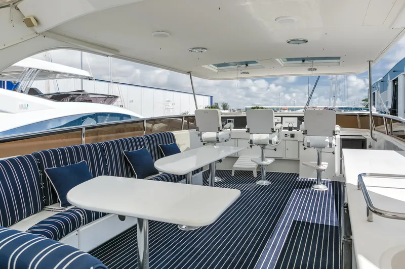 Slide: The Image of Luxurious 1994 Lazzara 76 yacht interior with striped seating and modern design. - 12