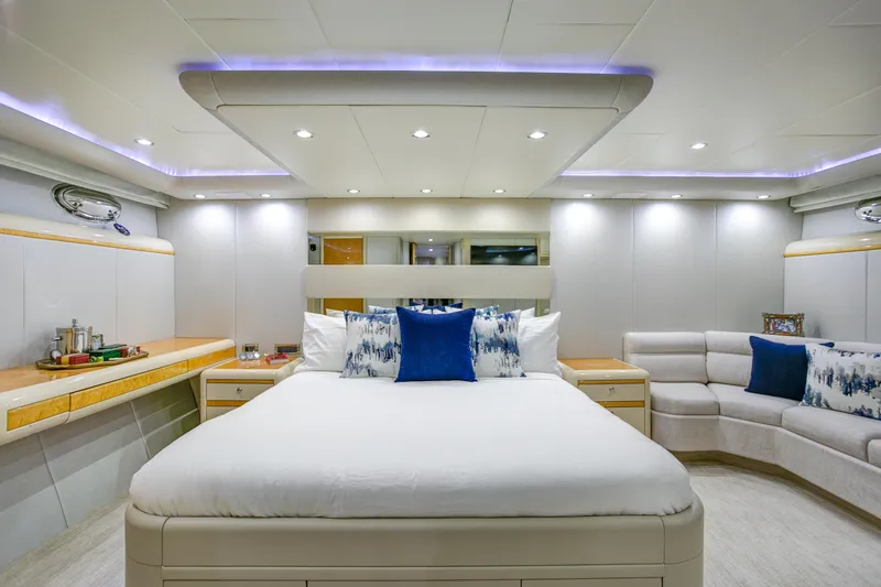 Slide: The Image of Luxurious bedroom interior of 1994 Lazzara 76 yacht with modern design and ambient lighting. - 15