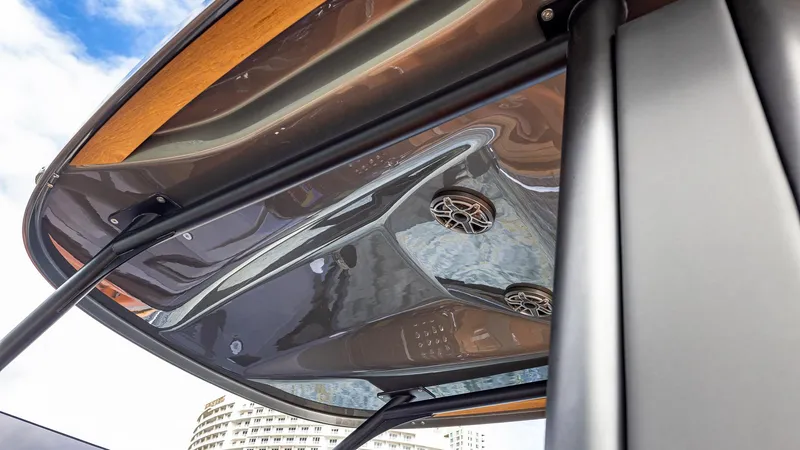 Slide: The Image of Capelli STRADIVARI 43 (2025) boat roof detail with sleek design and integrated speakers. - 37