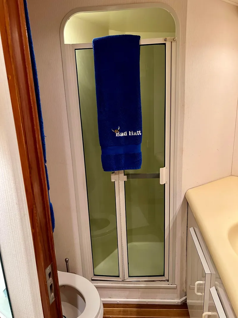 Slide: The Image of 1999 Viking Conv Sport Fisher bathroom with shower, blue towel, and beige countertop. - 16