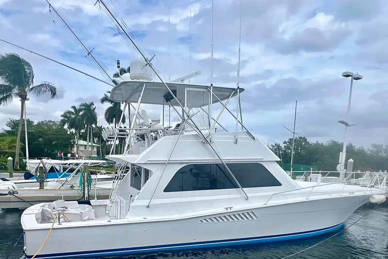 Slide: The Image of 1999 Viking Conv Sport Fisher boat docked at marina with palm trees. - 6