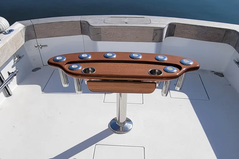 Slide: The Image of L&H 33 boat cockpit with wooden fishing rod holder, 2017 model. - 14