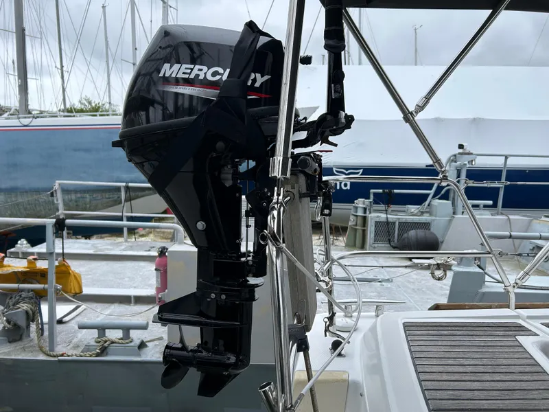 Slide: The Image of Mercury outboard motor mounted on a 2008 Beneteau Oceanis 46 sailboat. - 51