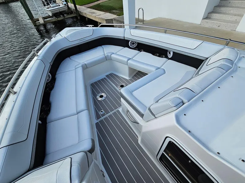 Slide: The Image of 2023 Formula 350 Crossover Bowrider with spacious seating and sleek design. - 32