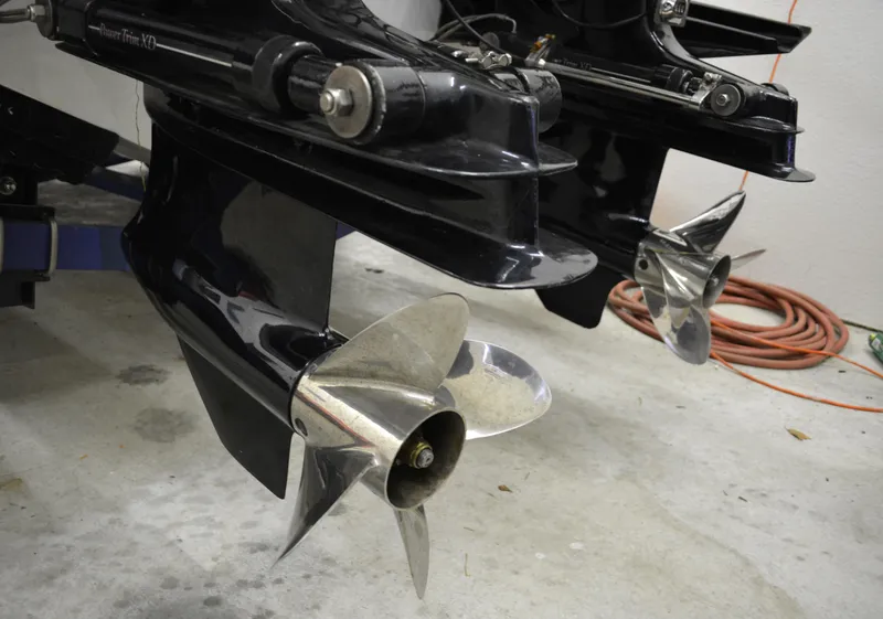 Slide: The Image of Close-up of 1980 Sutphen 30 Oceanpacer boat propellers in a garage setting. - 23