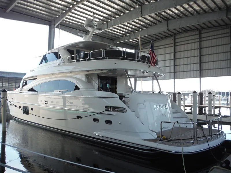 Slide: The Image of Luxury Horizon E88 yacht docked in marina, 2015 model. - 2