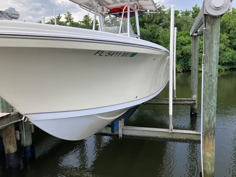 Slide: The Image of 2005 Sailfish 266 CC boat on lift, docked by lush greenery. - 5