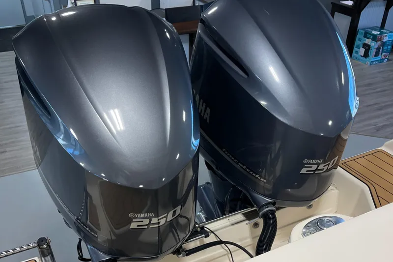 Slide: The Image of Twin Yamaha 250 outboard engines on a 2016 Grady-White 275 Freedom boat. - 5