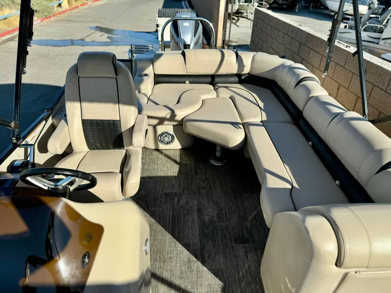 Slide: The Image of 2022 Tahoe Pontoon Cascade Platinum Rear J Lounger with luxurious seating and modern design. - 15