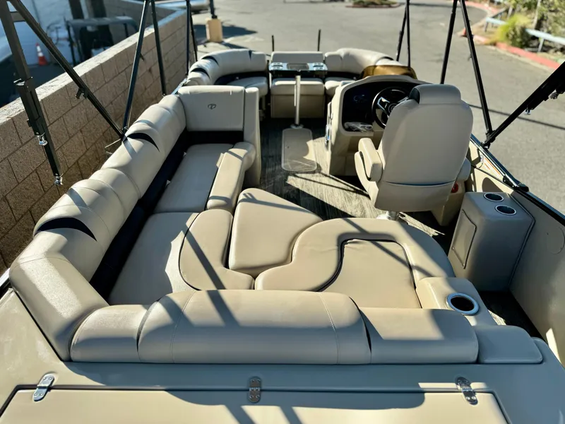 Slide: The Image of 2022 Tahoe Pontoon Cascade Platinum Rear J Lounger with luxurious seating and modern design. - 16