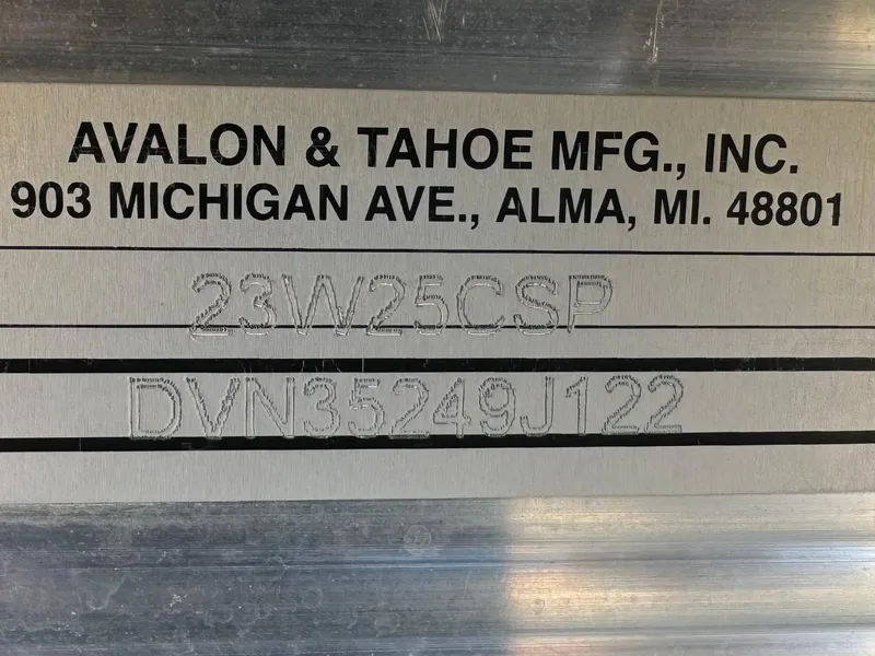 Slide: The Image of Avalon & Tahoe manufacturing plate for 2022 Tahoe Pontoon Cascade Platinum Rear J Lounger. - 33