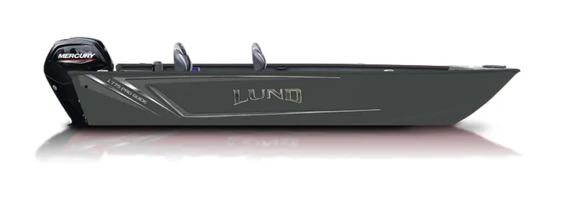 Slide: The Image of 2025 Lund 1775 Pro Guide fishing boat with Mercury outboard motor, side view. - 33