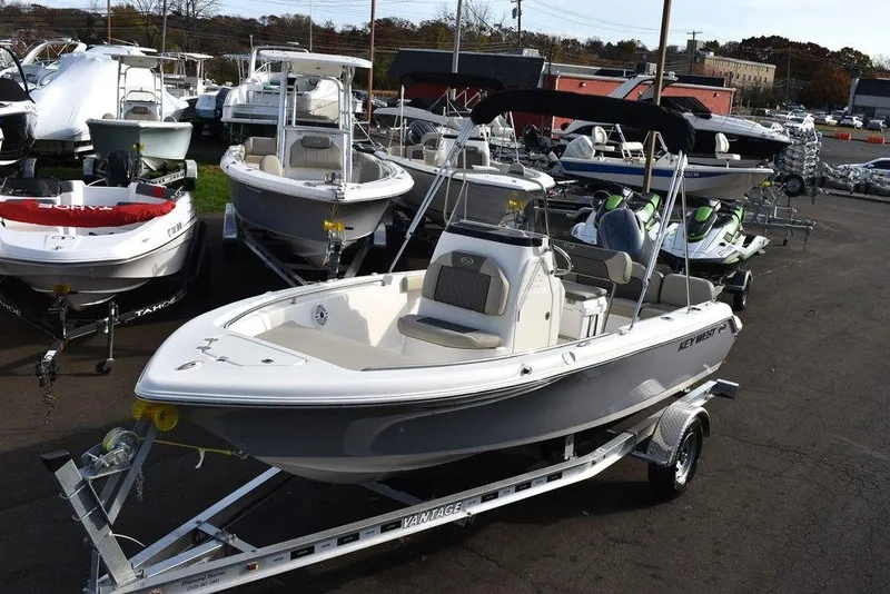 The Image of 2025 Key West 189 FS boat on trailer in marina lot. - 1