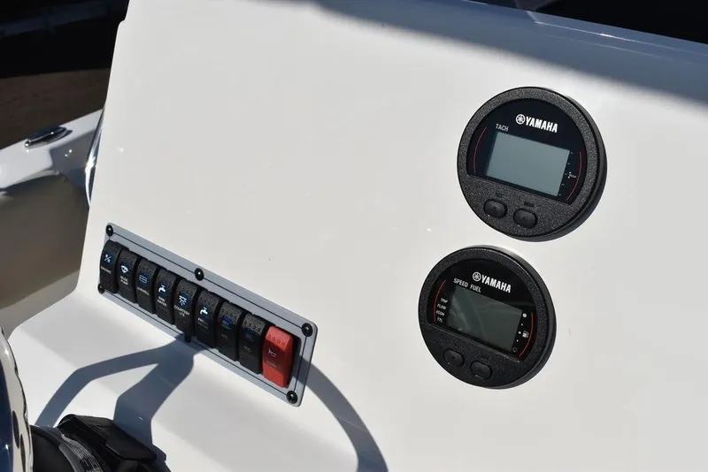 Slide: The Image of Dashboard of 2025 Key West 203 FS boat with Yamaha gauges and switches. - 21