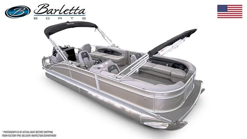Slide: The Image of 2025 Barletta Aria A24CC pontoon boat with sleek design and spacious seating. - 3