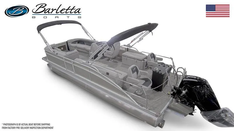 Slide: The Image of 2025 Barletta Aria A24CC pontoon boat with sleek design and modern features. - 4