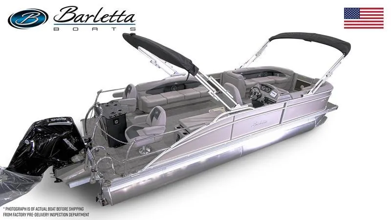 Slide: The Image of 2025 Barletta Aria A24CC pontoon boat with sleek design and modern features. - 5