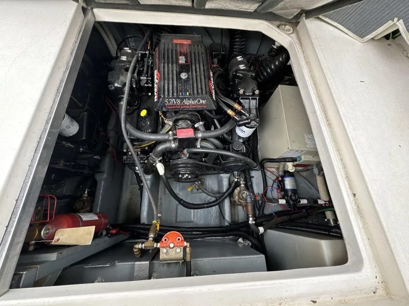 Slide: The Image of Engine compartment of a 1993 Sea Ray 300 boat with 5.7 V8 Alpha One engine. - 18