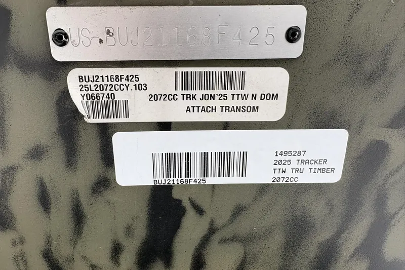 Slide: The Image of 2025 Tracker Grizzly 2072 CC boat identification plates with barcodes and serial numbers. - 10