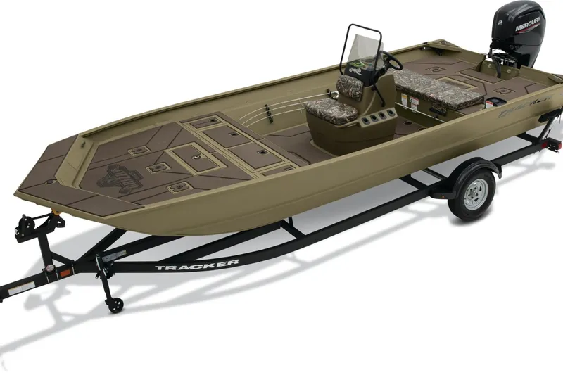 Slide: The Image of 2025 Tracker Grizzly 2072 CC boat on trailer, featuring camouflage seating and Mercury outboard motor. - 15