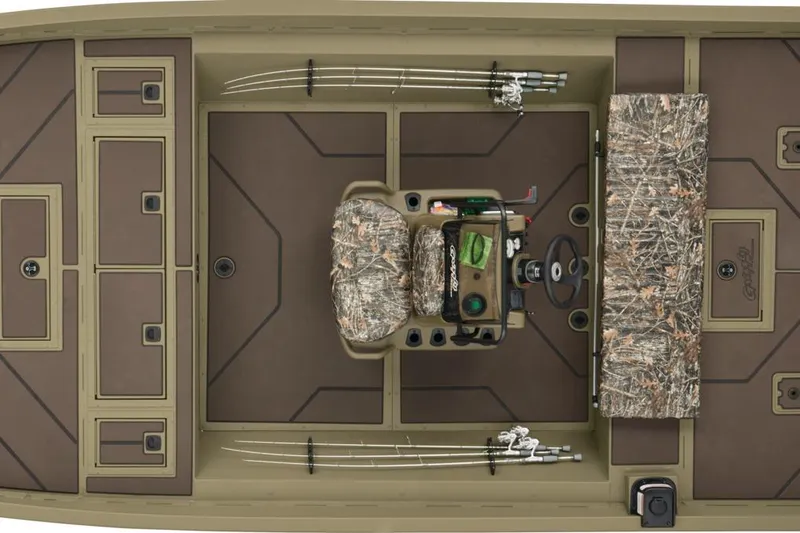Slide: The Image of 2025 Tracker Grizzly 2072 CC boat interior with camo seating and fishing rod storage. - 30