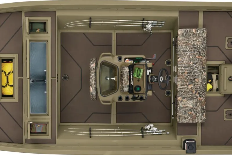 Slide: The Image of Top view of 2025 Tracker Grizzly 2072 CC boat interior with fishing gear and storage compartments. - 31