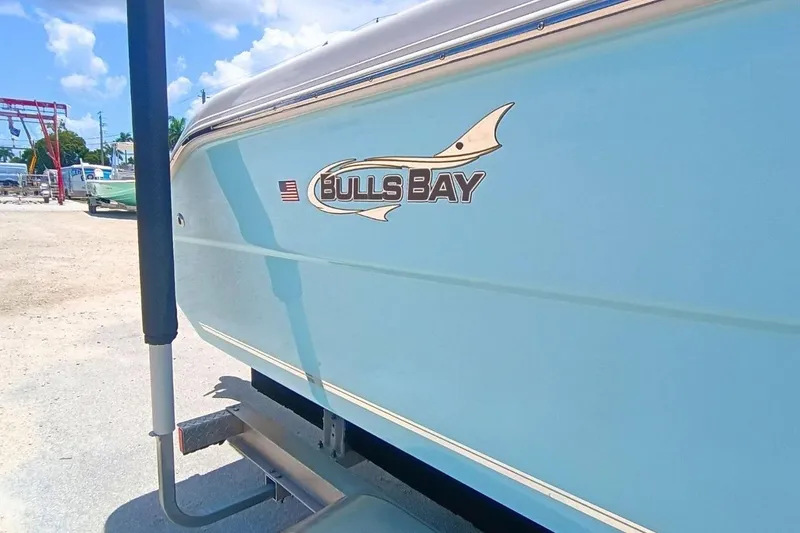 Slide: The Image of 2025 Bulls Bay 230 Center Console boat in light blue, parked outdoors. - 3