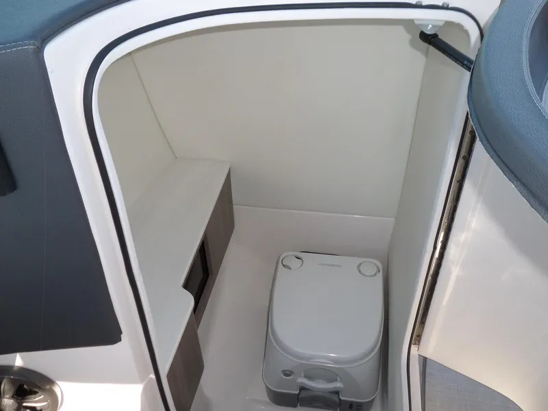 Slide: The Image of 2020 Regal LS6 boat interior with compact marine toilet. - 18