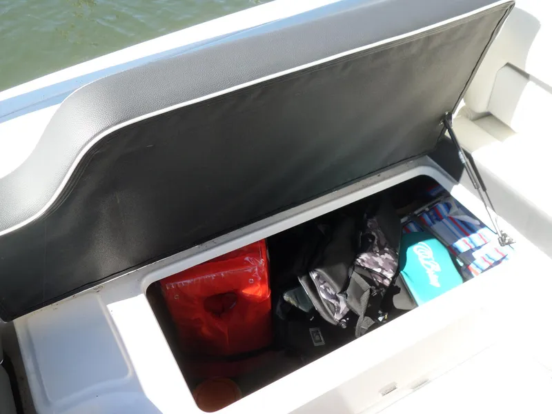 Slide: The Image of Open storage compartment in 2020 Regal LS6 boat with various items inside. - 29