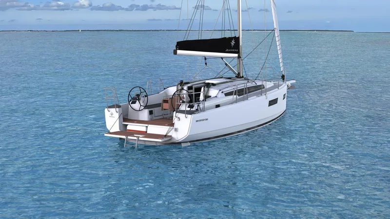 Slide: The Image of 2026 Jeanneau Sun Odyssey 350 sailboat on calm blue ocean waters. - 10