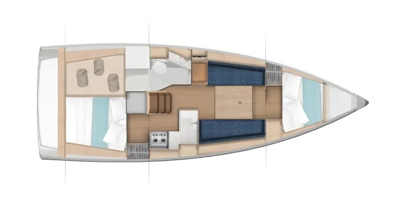 Slide: The Image of 2026 Jeanneau Sun Odyssey 350-79373 yacht interior layout with cabins, kitchen, and seating area. - 34
