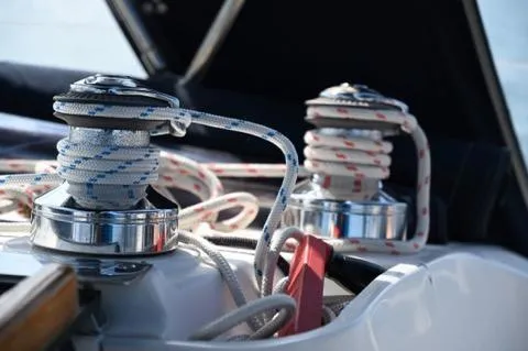 Slide: The Image of Close-up of winches and ropes on a 2002 Hunter 356 sailboat. - 7