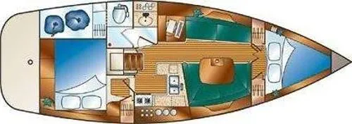 Slide: The Image of Floor plan of a 2002 Hunter 356 sailboat, featuring cabins, kitchen, and bathroom layout. - 9