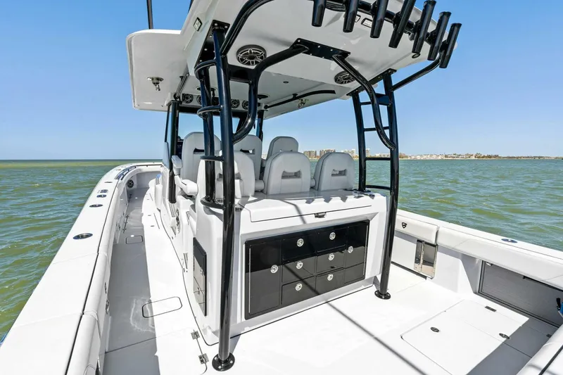Slide: The Image of 2024 Barker Boatworks 40 High Performance Cat on open water. - 35
