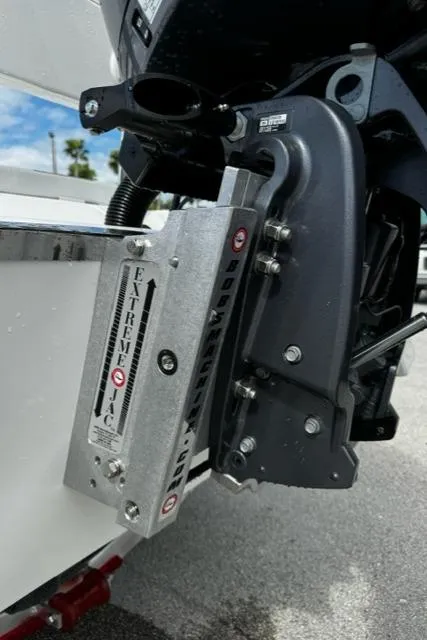 Slide: The Image of Close-up of BlackJack 224 boat motor mount, 2025 model, featuring Extreme Jack plate. - 14