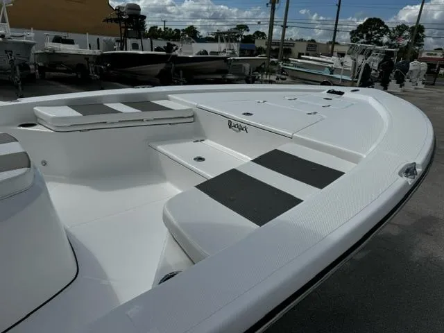 Slide: The Image of 2025 BlackJack 224 boat with sleek white design and spacious seating. - 7